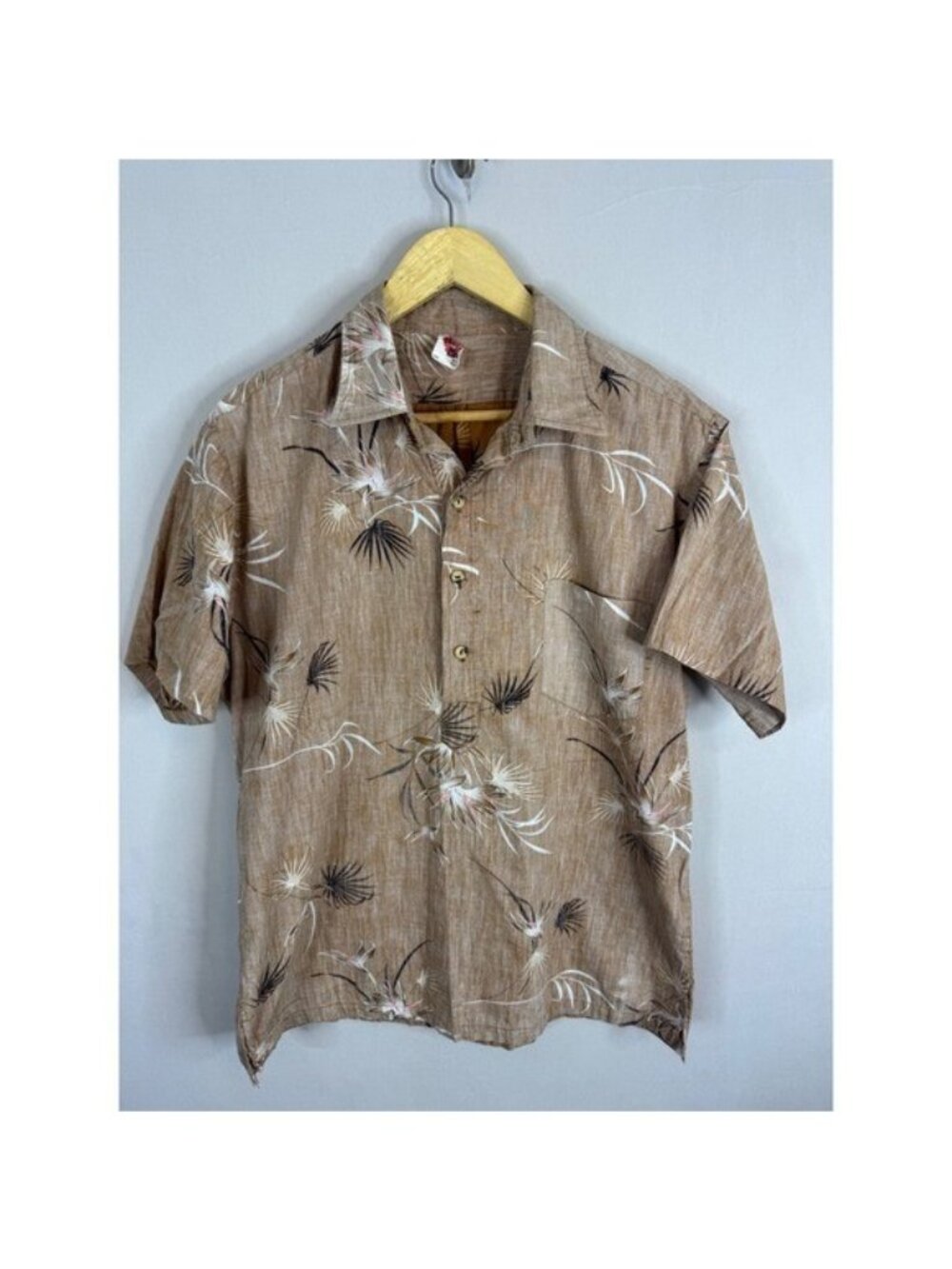 Vintage Holo Holo Hawaiian Shirt Mens Tan Floral Palm Pullover Reverse print